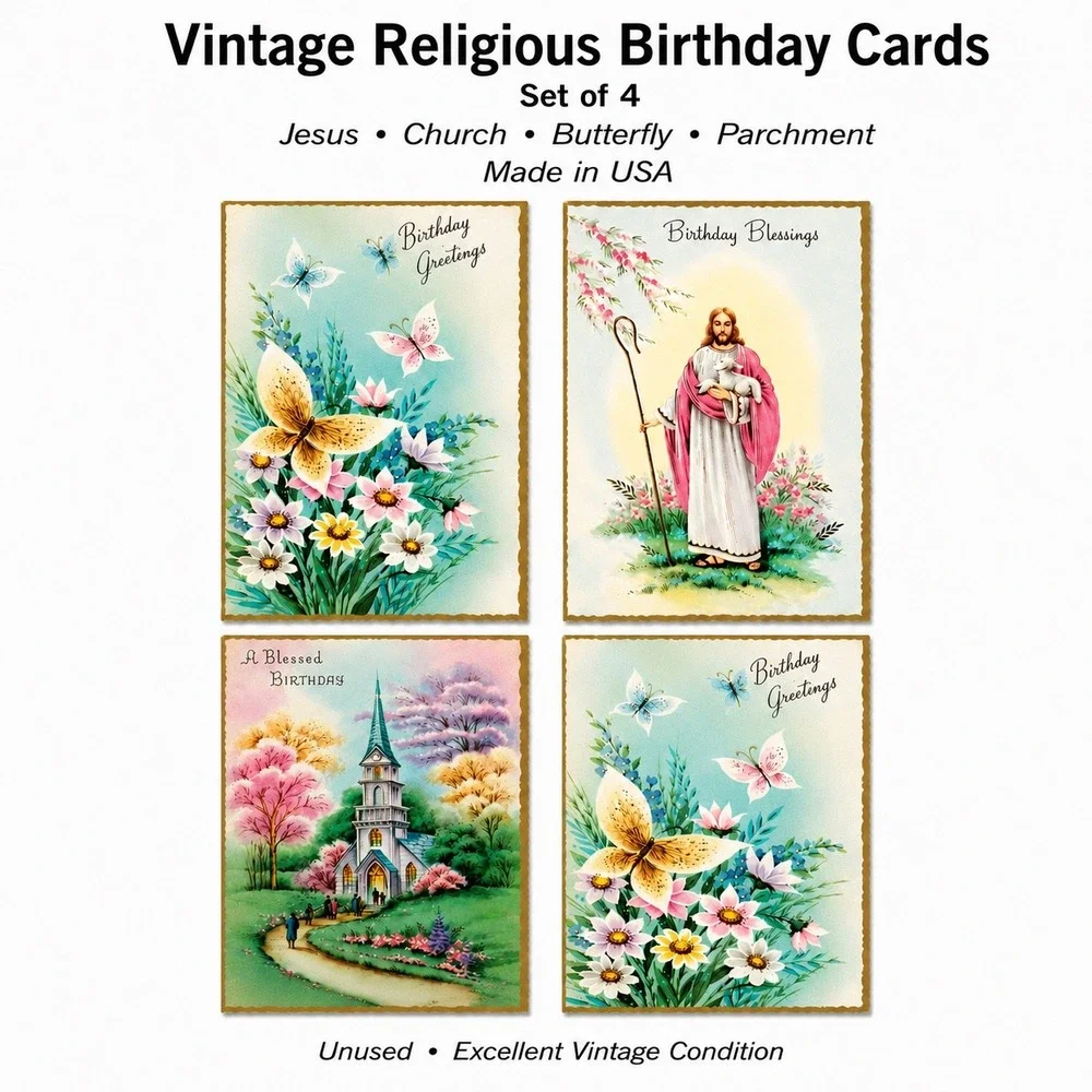 Vintage Religious Birthday Cards Set of 4 Jesus Church Butterfly Made in USA